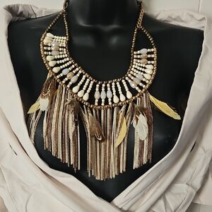Source Unknown Brown and Cream Beaded Necklace with Feather Details